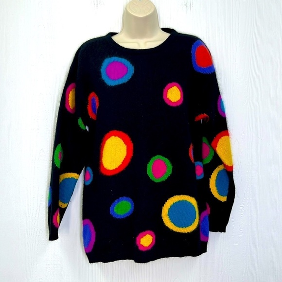 Rafaella Sweaters - Rafaella - Vintage Rabbit Lambswool Retro Bright Circle Shapes Black Sweater SM
